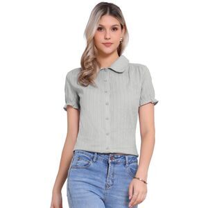 Cotton Frilled Top Turndown Collar Solid Blouse Shirt Light Gray